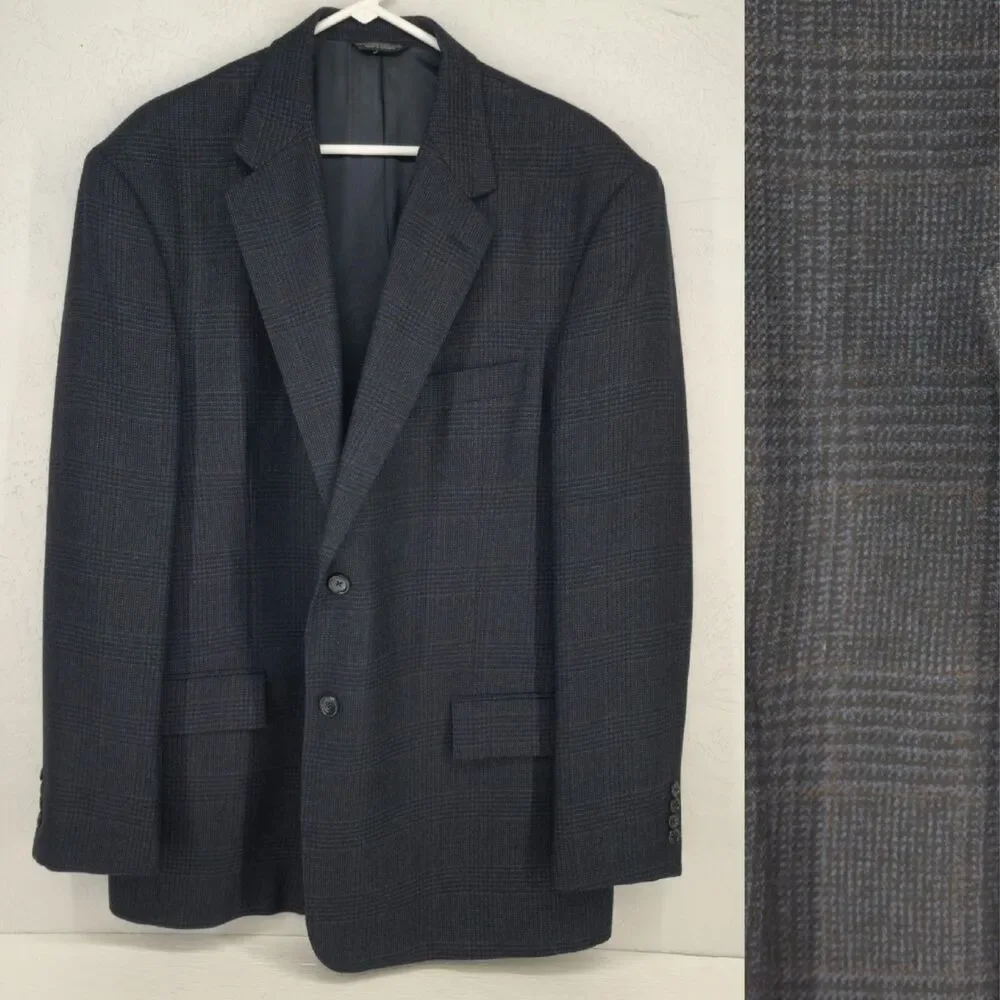 Vintage Evan Picone 44L | Gray Blue Plaid‎ Wool Tweed Sport Coat Blazer Jacket